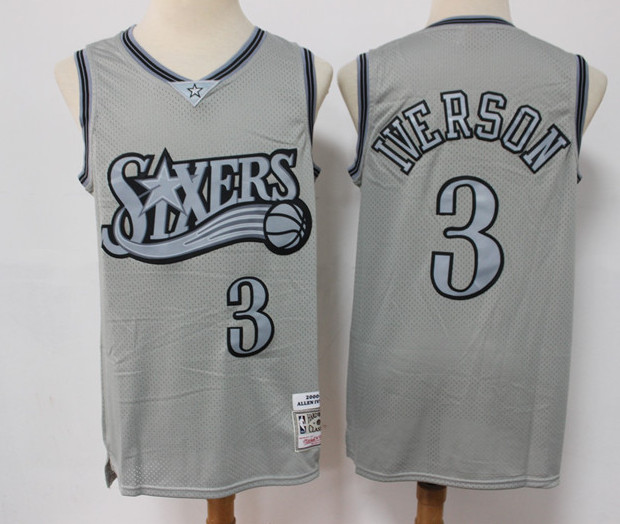 Personalized Men’s Philadelphia 76ers #3 Allen Iverson Grey Throwback Stitched Basketball Jersey