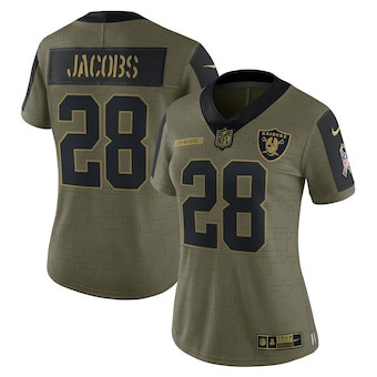 Personalized Women’s Las Vegas Raiders #28 Josh Jacobs Olive 2021 Salute To Service Limited Player Jersey