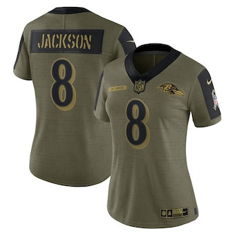 Personalized Women’s Baltimore Ravens #8 Lamar Jackson Olive 2021 Salute To Service Limited Player Jersey