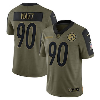 Personalized Men’s Pittsburgh Steelers #90 T.J. Watt Olive 2021 Salute To Service Limited Player Jersey