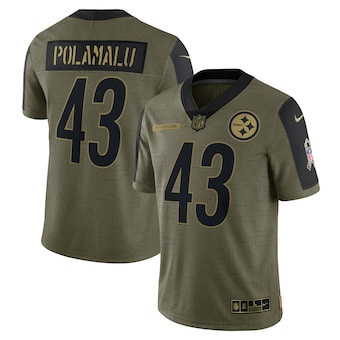 Personalized Men’s Pittsburgh Steelers #43 Troy Polamalu Olive 2021 Salute To Service Retired Player Limited Jersey