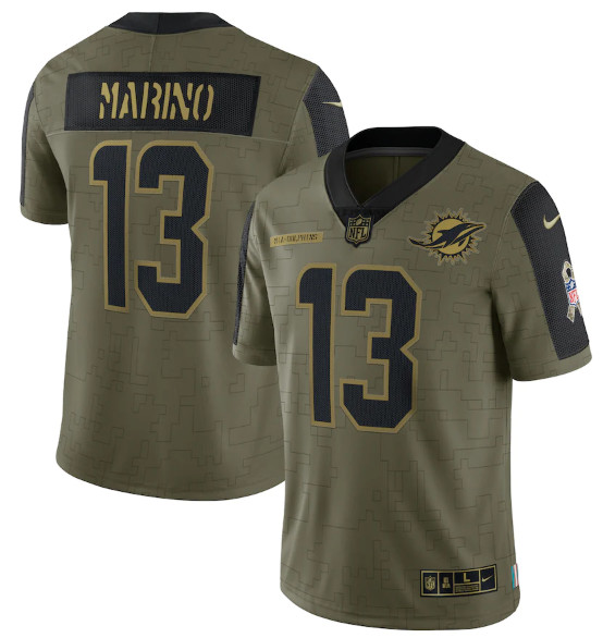 Personalized Men’s Miami Dolphins #13 Dan Marino 2021 Olive Salute To Service Limited Stitched Jersey