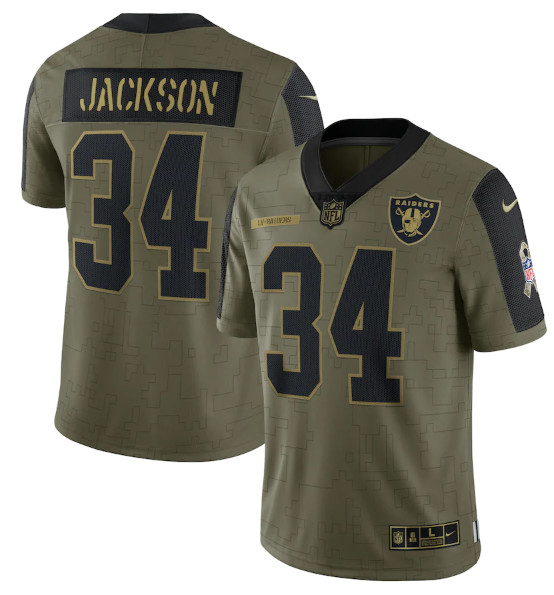 Personalized Men’s Las Vegas Raiders #34 Bo Jackson 2021 Olive Salute To Service Limited Stitched Jersey