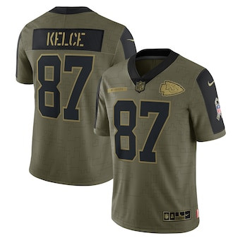 Personalized Men’s Kansas City Chiefs #87 Travis Kelce Olive 2021 Salute To Service Limited Player Jersey