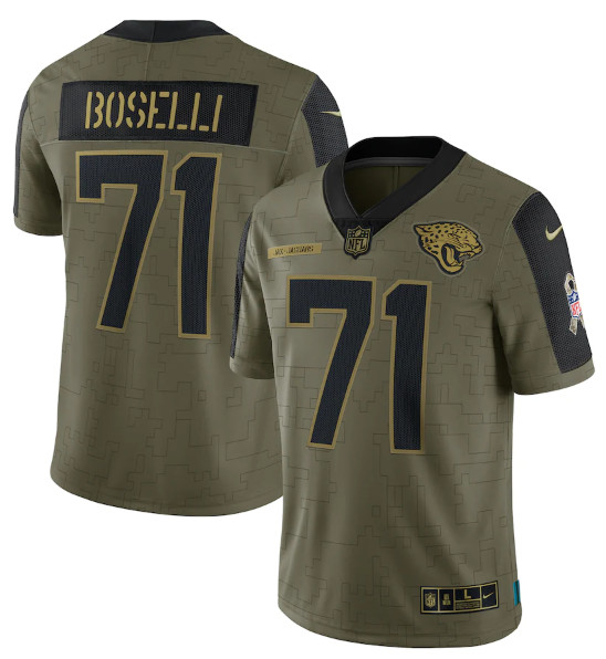 Personalized Men’s Jacksonville Jaguars #71 Tony Boselli 2021 Olive Salute To Service Limited Stitched Jersey