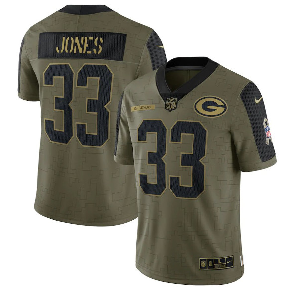 Personalized Men’s Green Bay Packers #33 Aaron Jones 2021 Olive Salute To Service Limited Stitched Jersey