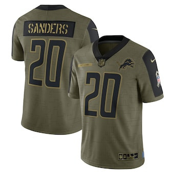 Personalized Men’s Detroit Lions #20 Barry Sanders Olive 2021 Salute To Service Retired Player Limited Jersey