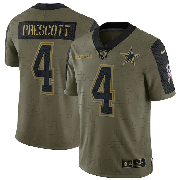 Personalized Men’s Dallas Cowboys #4 Dak Prescott 2021 Olive Salute To Service Limited Stitched Jersey