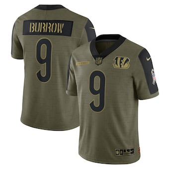 Personalized Men’s Cincinnati Bengals #9 Joe Burrow Olive 2021 Salute To Service Limited Player Jersey