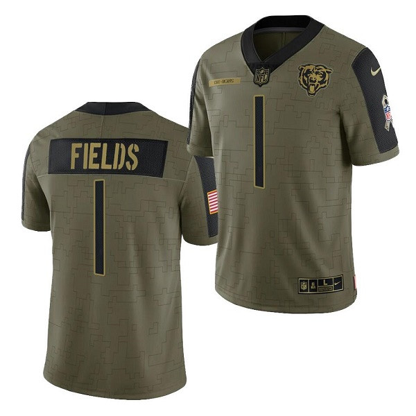 Personalized Men’s Chicago Bears #1 Justin Fields 2021 Olive Salute To Service Limited Stitched Jersey