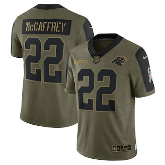 Personalized Men’s Carolina Panthers #22 Christian McCaffrey Olive 2021 Salute To Service Limited Player Jersey
