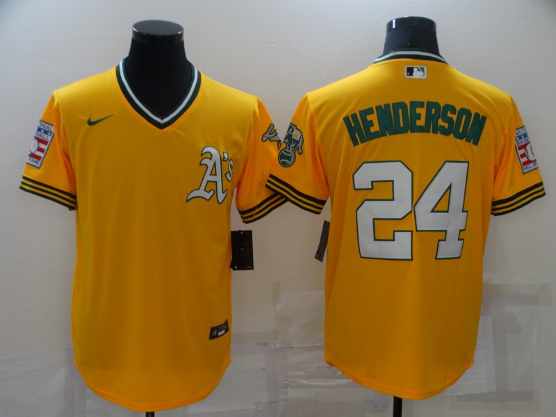 Personalized Men’s Oakland Athletics #24 Rickey Henderson Yellow Throwback Cool Base Jersey