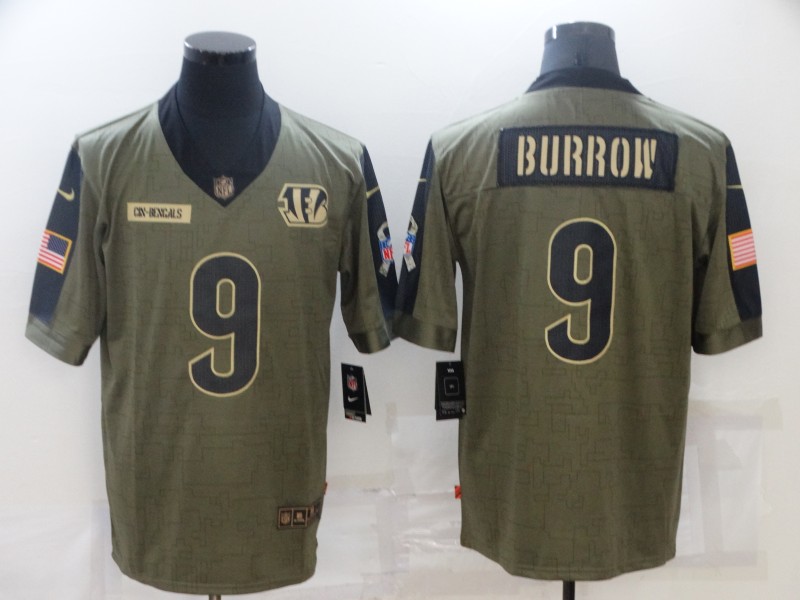 Personalized Men’s Cincinnati Bengals #9 Joe Burrow Olive 2021 Salute To Service Limited Player Jersey