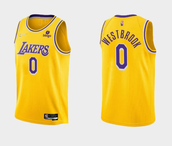 Personalized Men’s Los Angeles Lakers #0 Russell Westbrook Bibigo Yellow Stitched Basketball Jersey