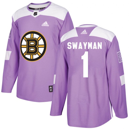 Personalized Men’s Boston Bruins #1 Jeremy Swayman Authentic Fights Cancer Practice Jersey – Purple