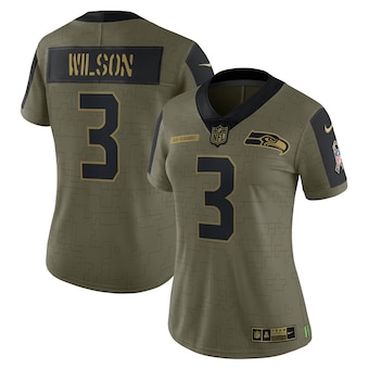 Personalized Women’s Seattle Seahawks #3 Russell Wilson Olive 2021 Salute To Service Limited Player Jersey