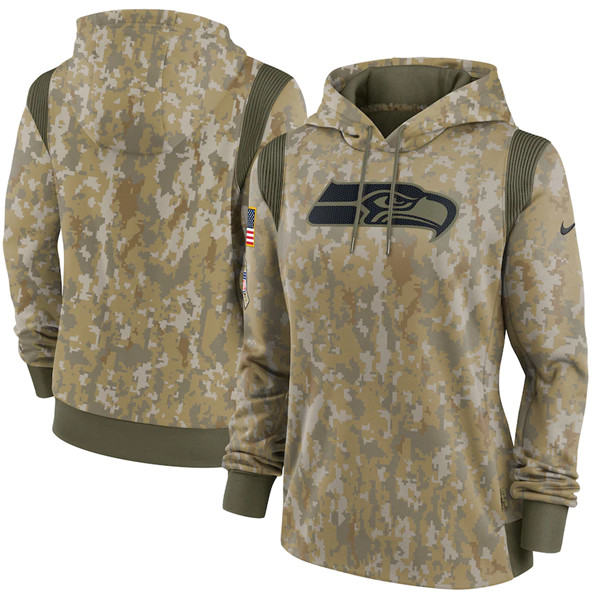 Personalized Women’s Seattle Seahawks 2021 Camo Salute To Service Therma Performance Pullover Hoodie(Run Small)