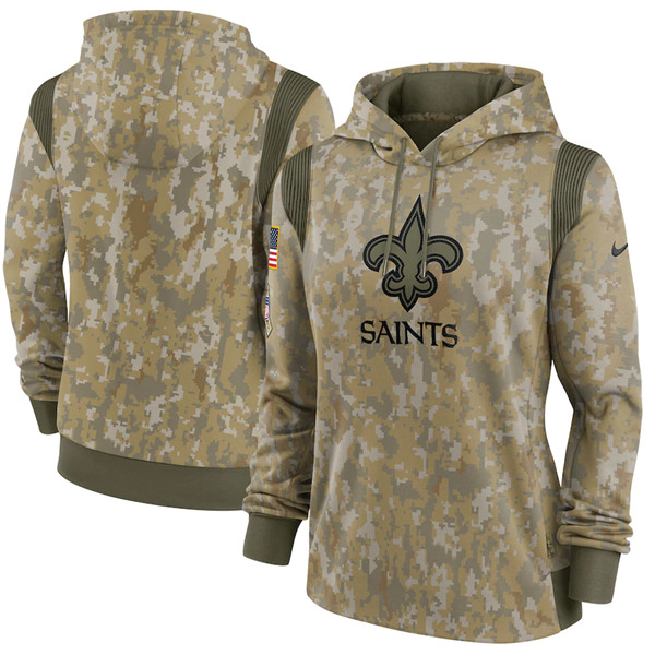 Personalized Women’s New Orleans Saints 2021 Camo Salute To Service Therma Performance Pullover Hoodie(Run Small)