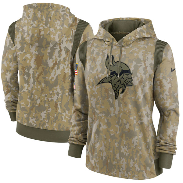 Personalized Women’s Minnesota Vikings 2021 Camo Salute To Service Therma Performance Pullover Hoodie(Run Small)
