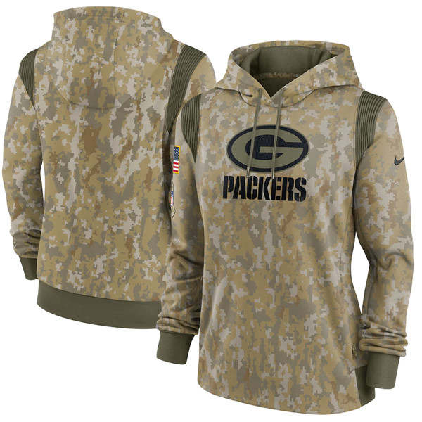 Personalized Women’s Green Bay Packers 2021 Camo Salute To Service Therma Performance Pullover Hoodie(Run Small)
