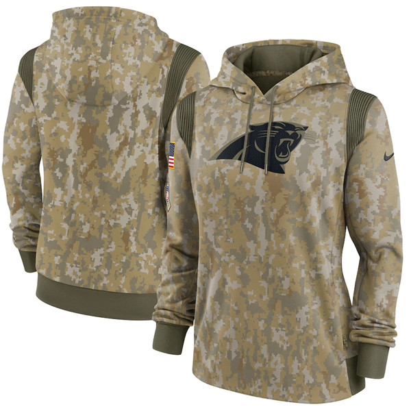 Personalized Women’s Carolina Panthers 2021 Camo Salute To Service Therma Performance Pullover Hoodie(Run Small)