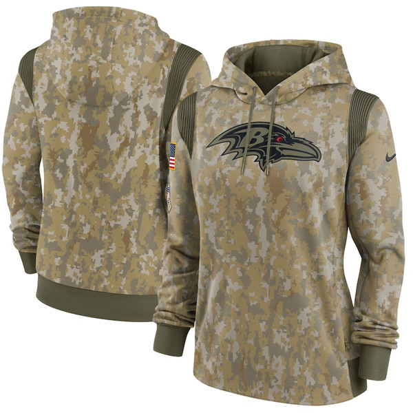 Personalized Women’s Baltimore Ravens 2021 Camo Salute To Service Therma Performance Pullover Hoodie(Run Small)