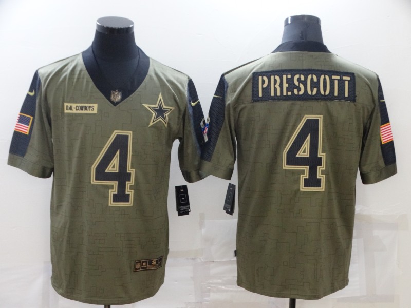 Personalized Men’s Dallas Cowboys #4 Dak Prescott 2021 Olive Salute To Service Limited Stitched Jersey