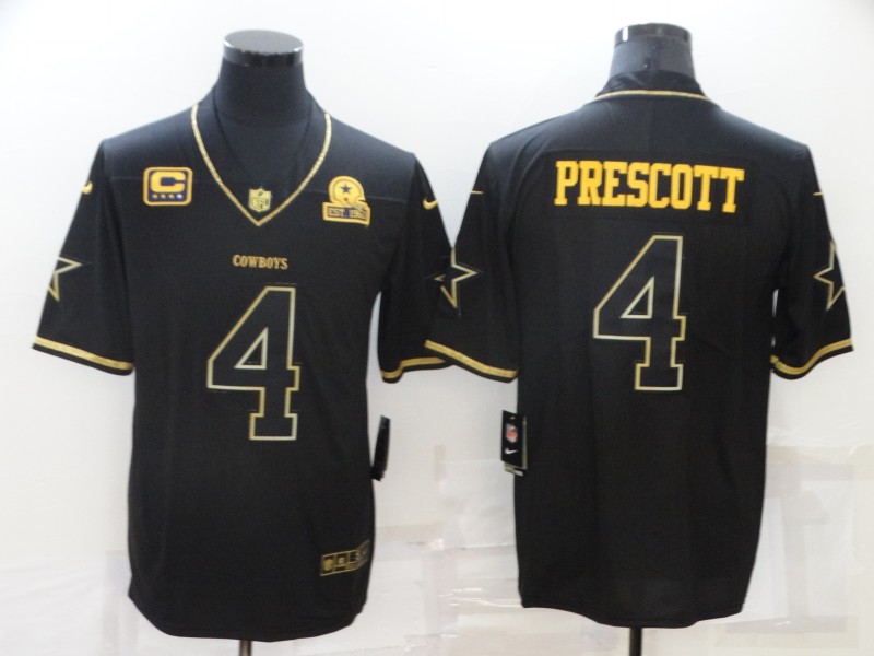 Personalized Men’s Dallas Cowboys #4 Dak Prescott Black Golden With C Patch Edition Limited Stitched Jersey
