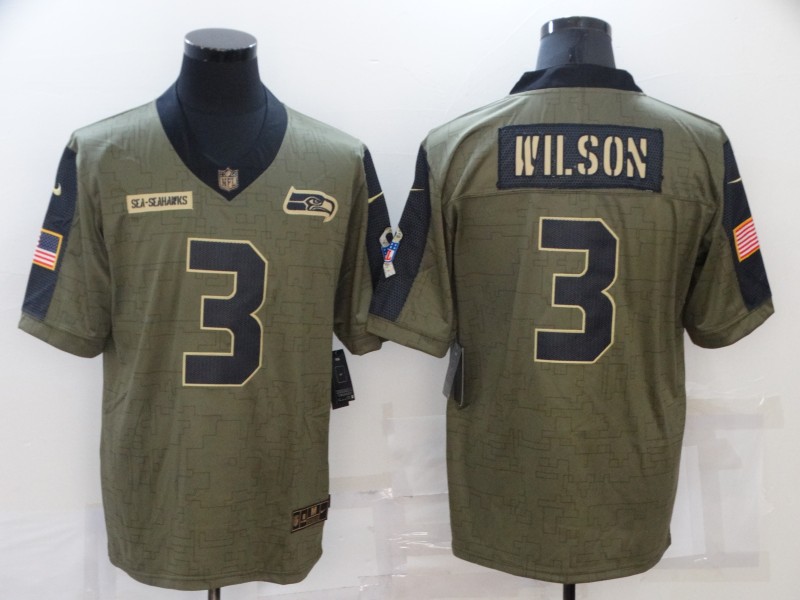 Personalized Men’s Seattle Seahawks #3 Russell Wilson Olive 2021 Salute To Service Limited Player Jersey