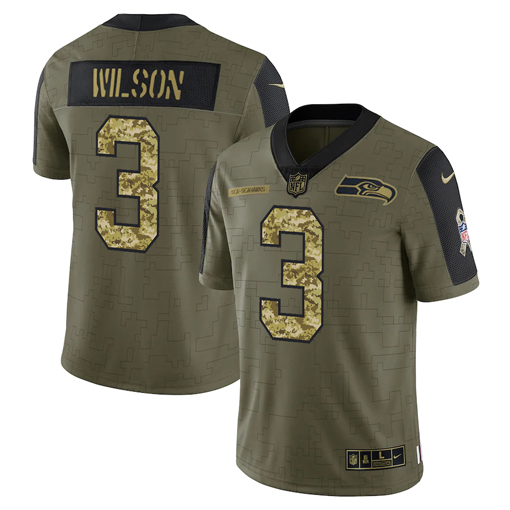 Personalized Men’s Seattle Seahawks #3 Russell Wilson 2021 Olive Camo Salute To Service Limited Stitched Jersey