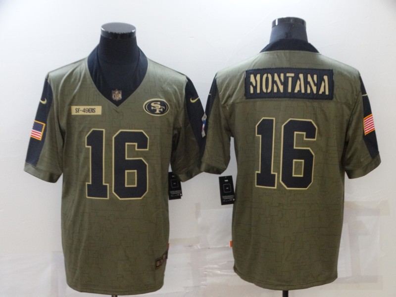 Personalized Men’s San Francisco 49ers #16 Joe Montana 2021 Olive Salute To Service Limited Stitched Jersey