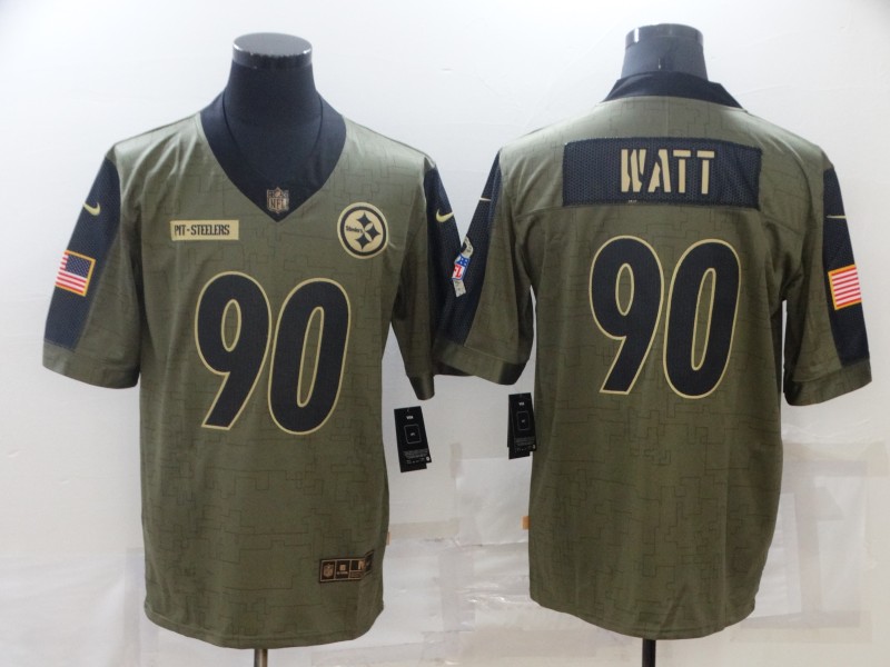 Personalized Men’s Pittsburgh Steelers #90 T.J. Watt Olive 2021 Salute To Service Limited Player Jersey