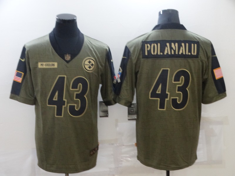 Personalized Men’s Pittsburgh Steelers #43 Troy Polamalu Olive 2021 Salute To Service Retired Player Limited Jersey