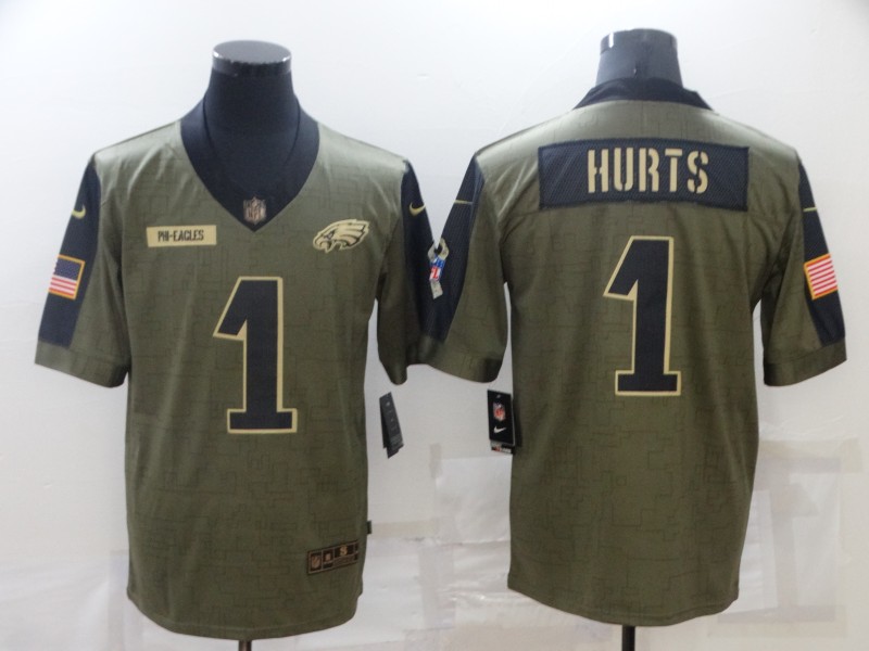 Personalized Men’s Philadelphia Eagles #1 Jalen Hurts 2021 Olive Salute To Service Limited Stitched Jersey