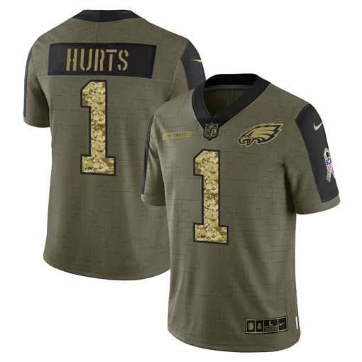 Personalized Men’s Philadelphia Eagles #1 Jalen Hurts 2021 Olive Camo Salute To Service Limited Stitched Jersey