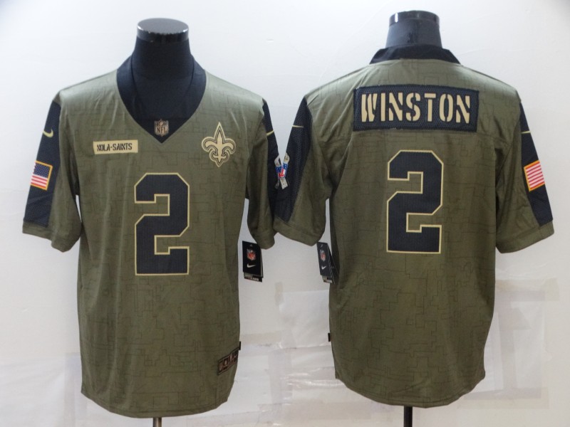 Personalized Men’s New Orleans Saints #2 Jameis Winston 2021 Olive Salute To Service Limited Stitched Jersey