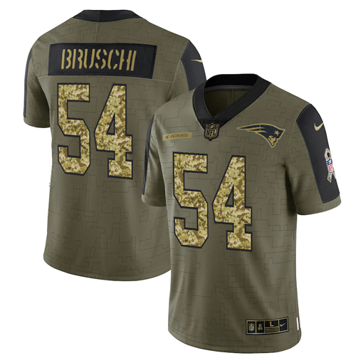 Personalized Men’s New England Patriots #54 Tedy Bruschi 2021 Olive Camo Salute To Service Limited Stitched Jersey