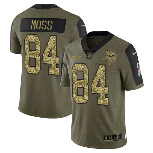 Personalized Men’s Minnesota Vikings #84 Randy Moss 2021 Olive Camo Salute To Service Limited Stitched Jersey