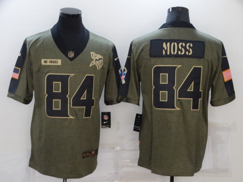 Personalized Men’s Minnesota Vikings #84 Randy Moss Olive 2021 Salute To Service Retired Player Limited Jersey