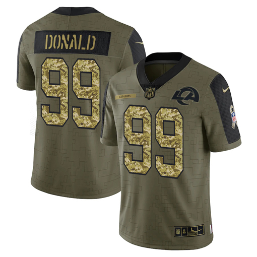 Personalized Men’s Los Angeles Rams #99 Aaron Donald 2021 Olive Camo Salute To Service Limited Stitched Jersey