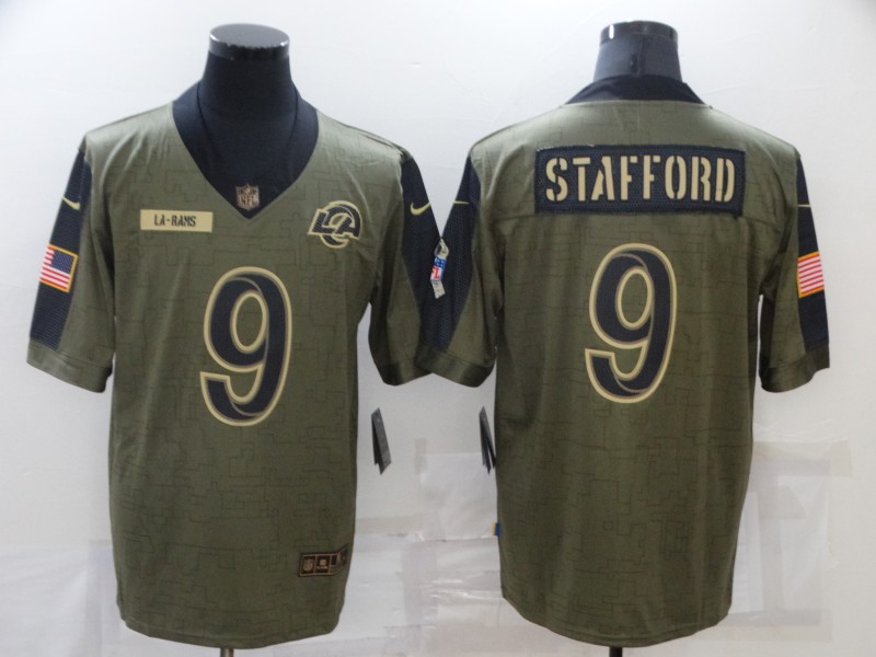Personalized Men’s Los Angeles Rams #9 Matthew Stafford Olive 2021 Salute To Service Limited Player Jersey