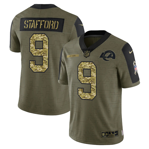 Personalized Men’s Los Angeles Rams #9 Matthew Stafford 2021 Olive Camo Salute To Service Limited Stitched Jersey