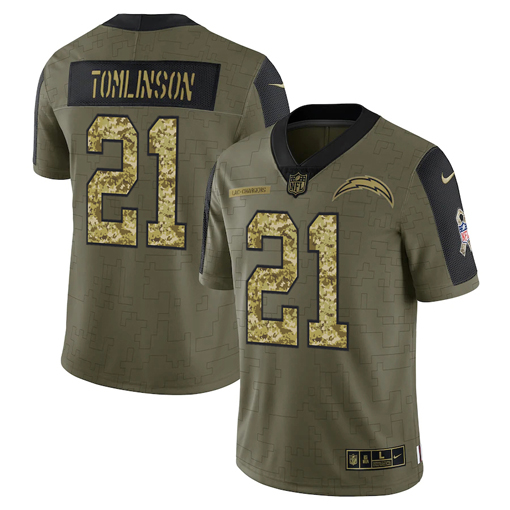 Personalized Men’s Los Angeles Chargers #21 LaDainian Tomlinson 2021 Olive Camo Salute To Service Limited Stitched Jersey