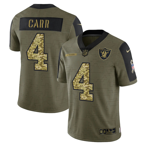 Personalized Men’s Las Vegas Raiders #4 Derek Carr 2021 Olive Camo Salute To Service Limited Stitched Jersey