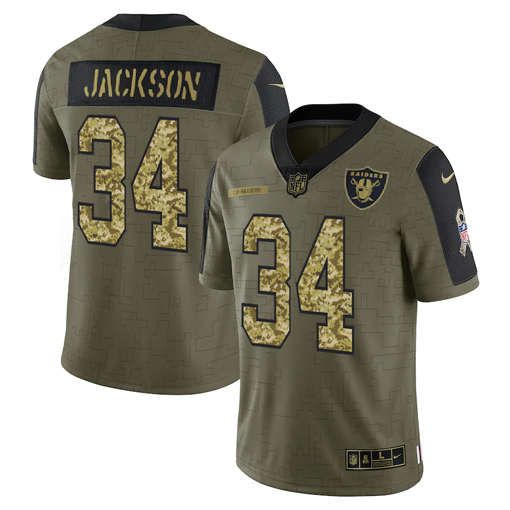 Personalized Men’s Las Vegas Raiders #34 Bo Jackson 2021 Olive Camo Salute To Service Limited Stitched Jersey