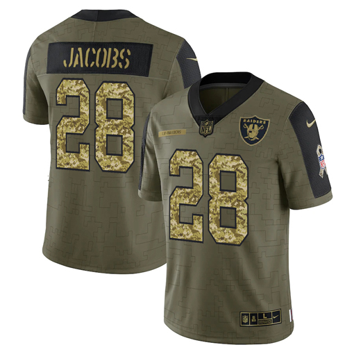 Personalized Men’s Las Vegas Raiders #28 Josh Jacobs 2021 Olive Camo Salute To Service Limited Stitched Jersey