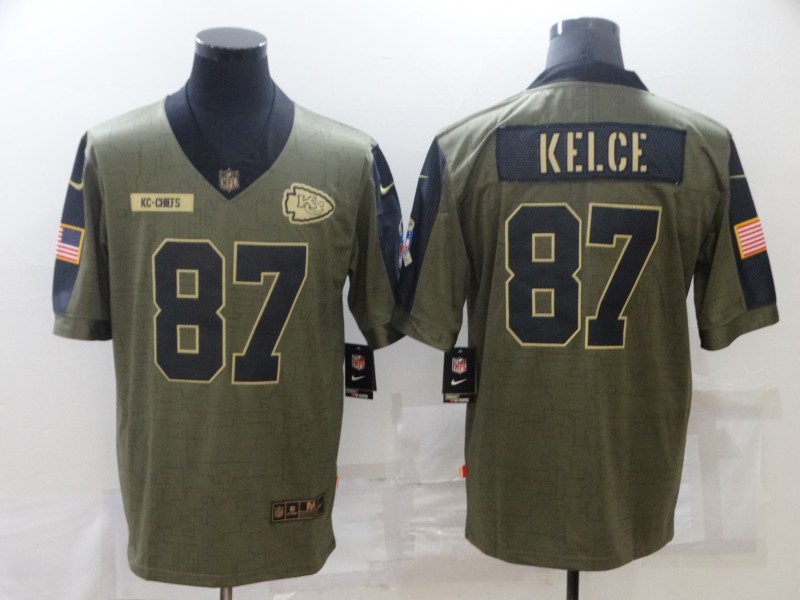 Personalized Men’s Kansas City Chiefs #87 Travis Kelce Olive 2021 Salute To Service Limited Player Jersey