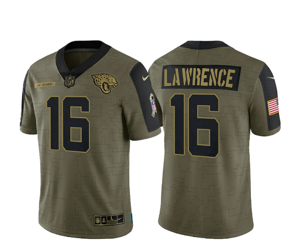 Personalized Men’s Jacksonville Jaguars #16 Trevor Lawrence 2021 Olive Salute To Service Limited Stitched Jersey