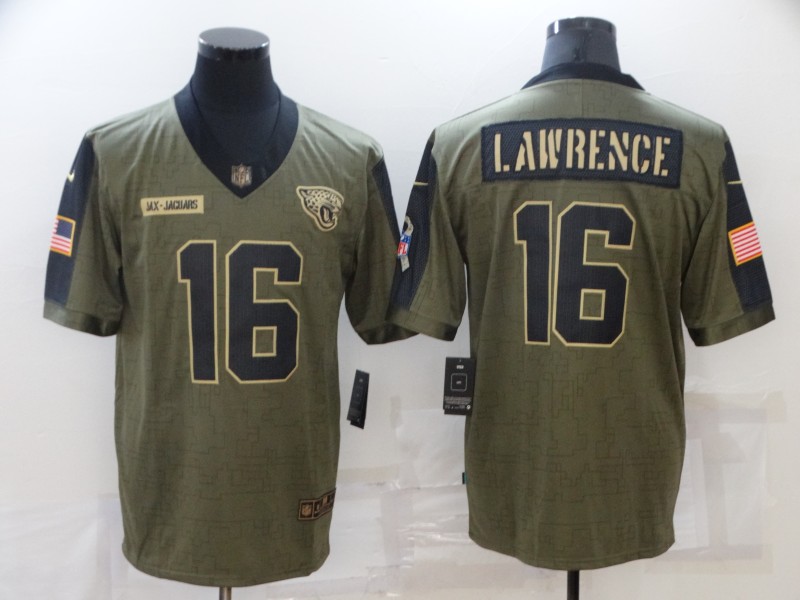 Personalized Men’s Jacksonville Jaguars #16 Trevor Lawrence 2021 Olive Salute To Service Limited Stitched Jersey