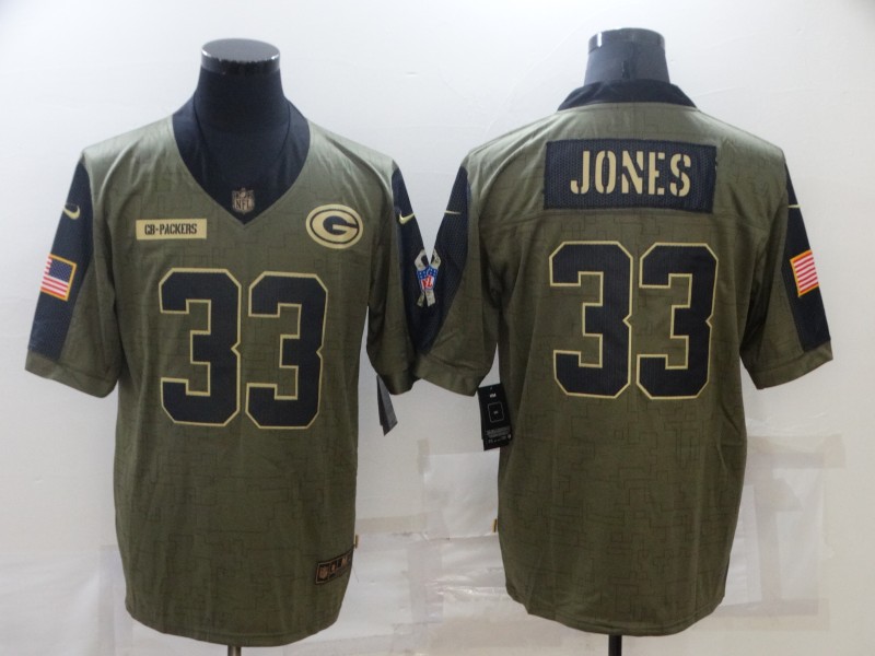 Personalized Men’s Green Bay Packers #33 Aaron Jones 2021 Olive Salute To Service Limited Stitched Jersey